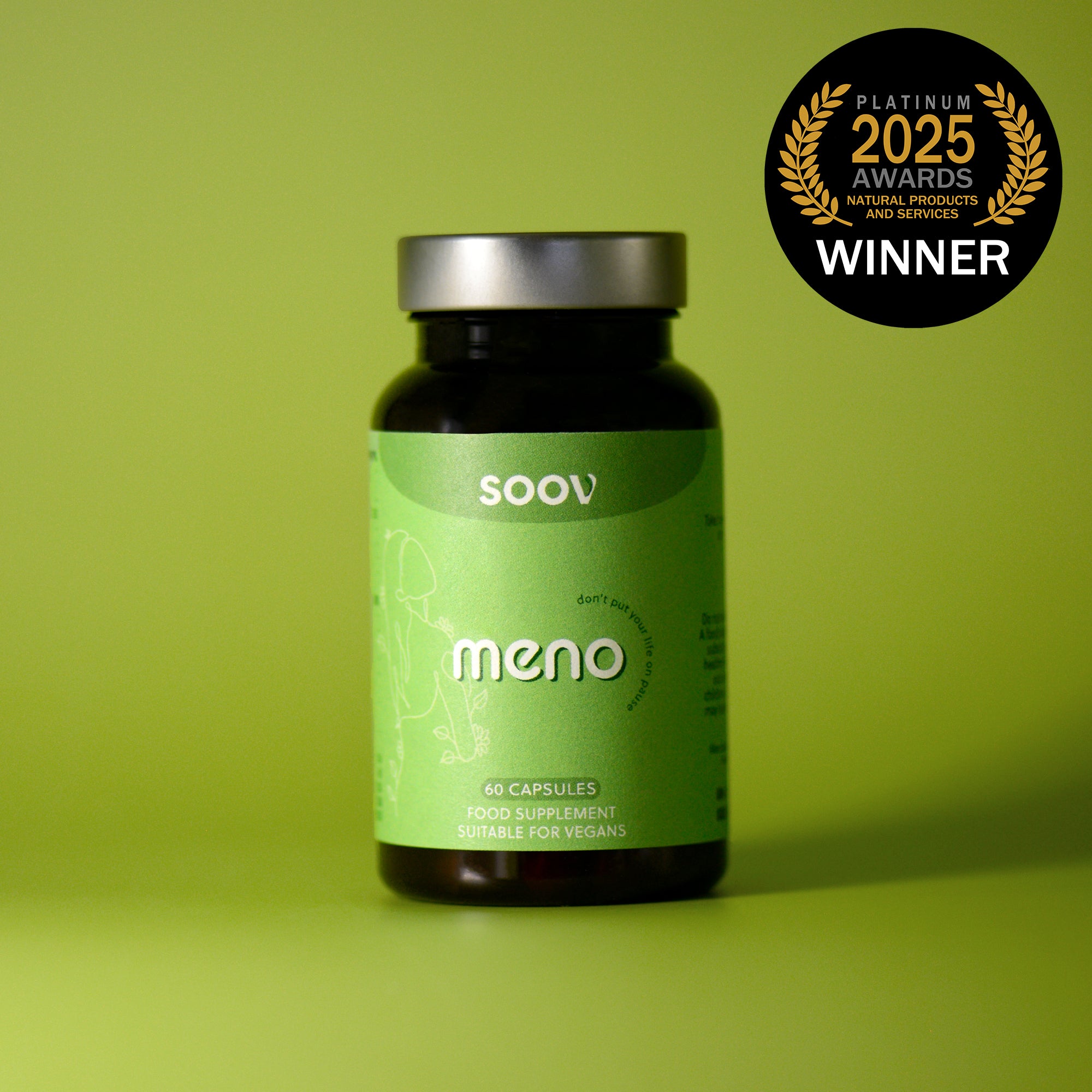 Soov Meno menopause hot flush and brain fog supplement bottle, 60 capsules